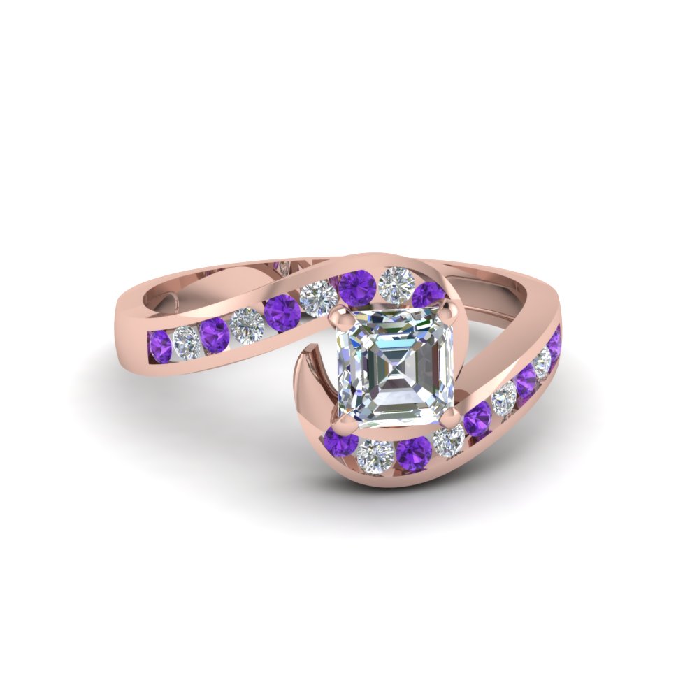 Asscher Shaped Beautiful Swirl Channel Set Ring with Purple Amethyst in 14K Rose Gold