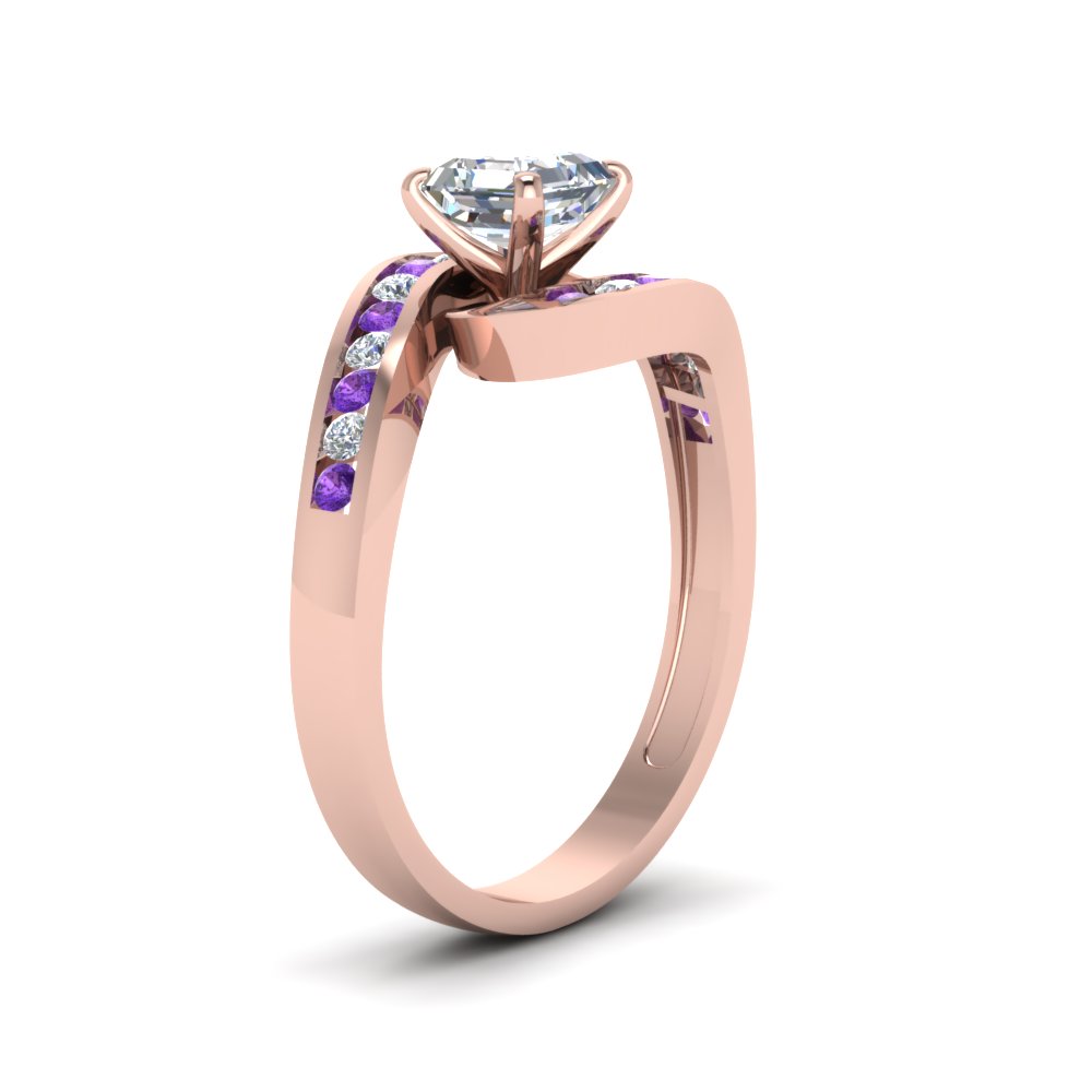 Asscher Shaped Beautiful Swirl Channel Set Ring with Purple Amethyst in 14K Rose Gold