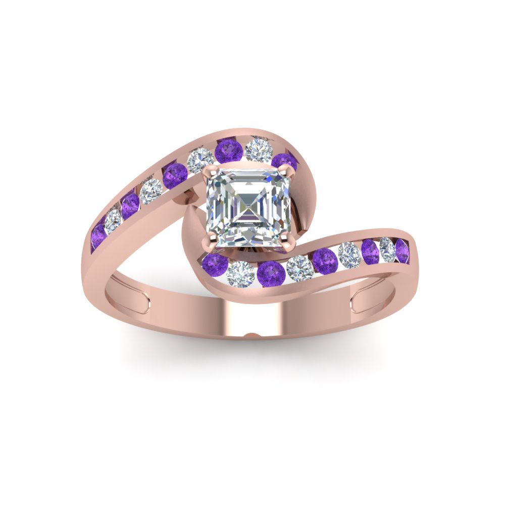 Asscher Shaped Beautiful Swirl Channel Set Ring with Purple Amethyst in 14K Rose Gold