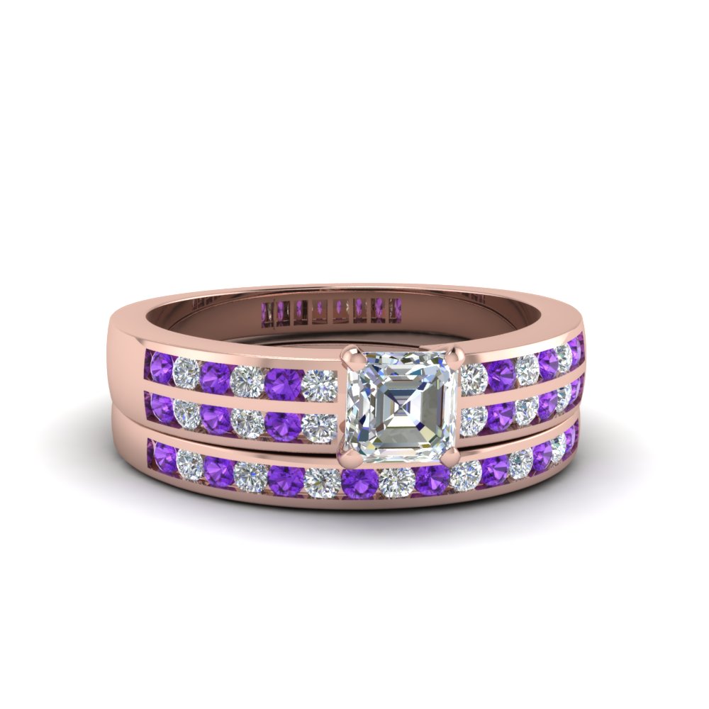 Asscher Shaped Two Row Channel Bridal Set with Purple Amethyst in 14K Rose Gold