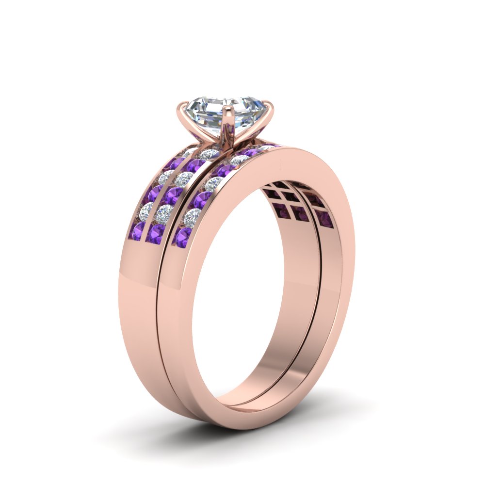 Asscher Shaped Two Row Channel Bridal Set with Purple Amethyst in 14K Rose Gold