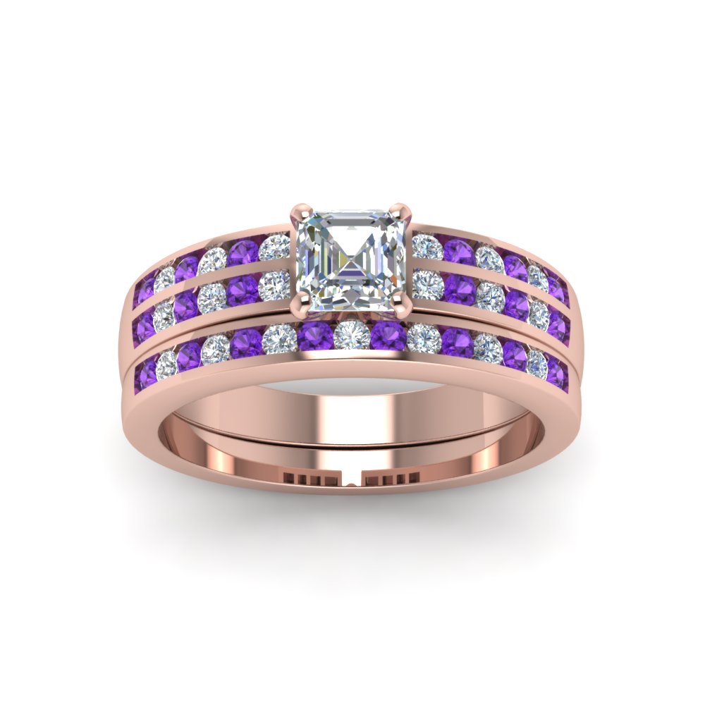 Asscher Shaped Two Row Channel Bridal Set with Purple Amethyst in 14K Rose Gold