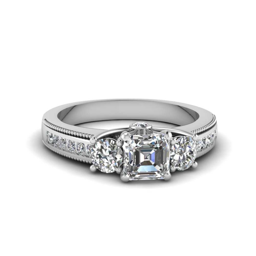 3 Stone Milgrain Asscher Diamond Engagement Ring In 14K White Gold ...