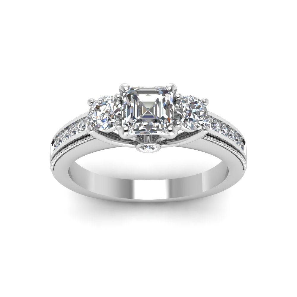 3 Stone Milgrain Asscher Diamond Engagement Ring In 14K White Gold ...