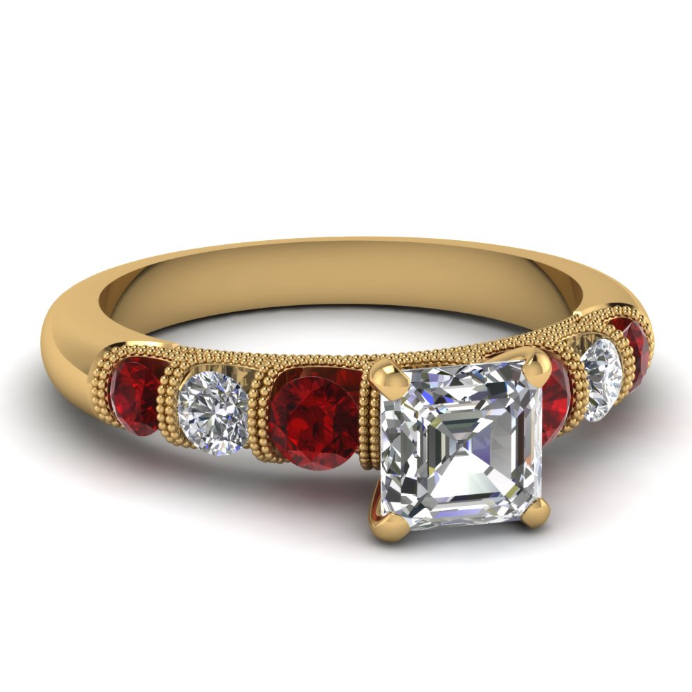 asscher cut unusual u prong diamond vintage engagement ring with ruby in FDENS1783ASRGRUDR NL YG