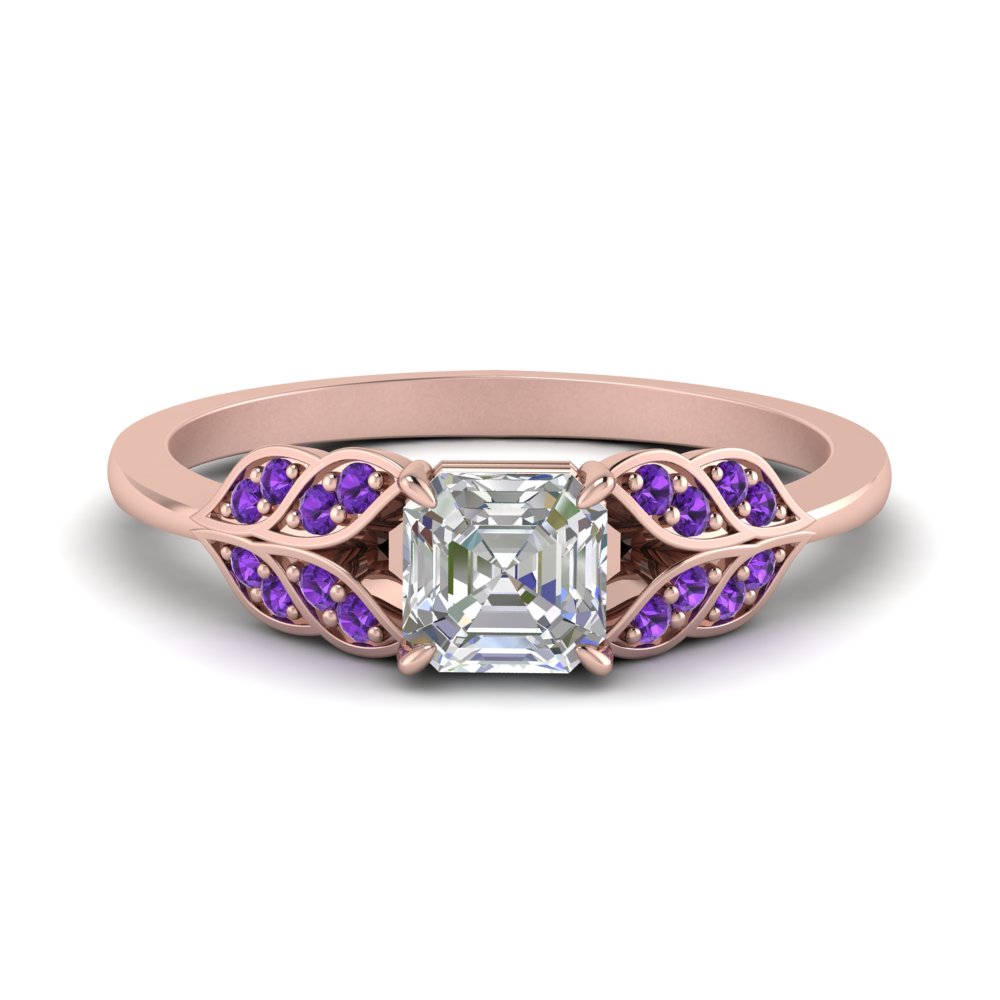Asscher Shaped Leaf Style Diamond Ring with Purple Amethyst in 14K Rose Gold