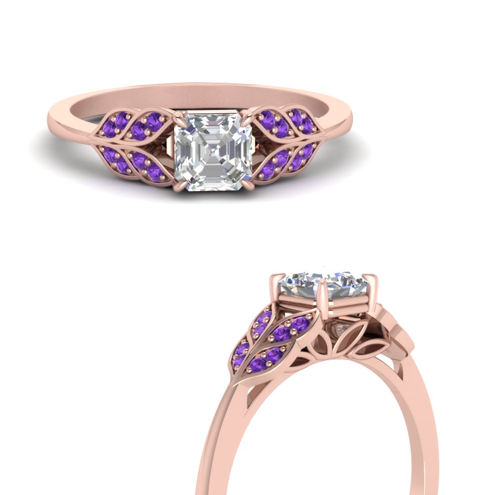 Asscher Shaped Leaf Style Diamond Ring with Purple Amethyst in 14K Rose Gold
