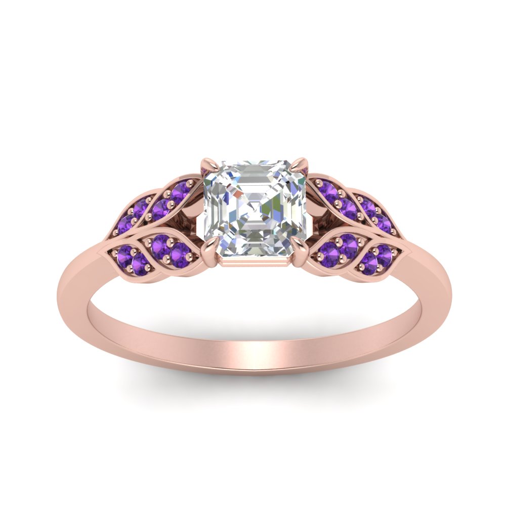 Asscher Shaped Leaf Style Diamond Ring with Purple Amethyst in 14K Rose Gold