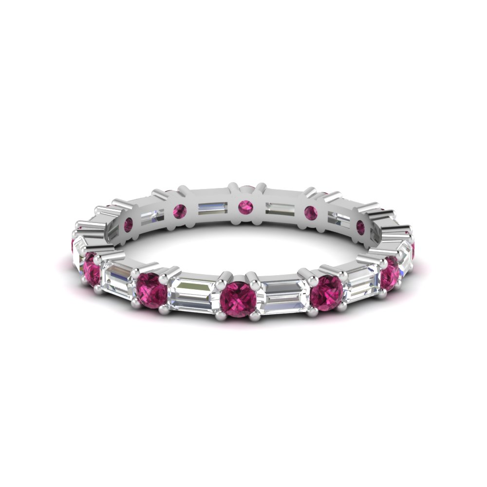 1.25 ct. baguette and round diamond eternity band with pink sapphire in 950 Platinum FDEWB318BGSADRPI NL WG