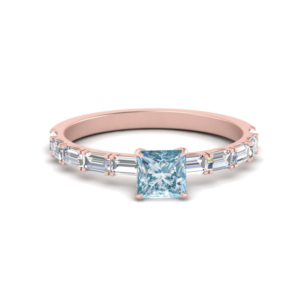 Baguette Aquamarine Princess Cut Engagement Ring In 14K Rose Gold ...
