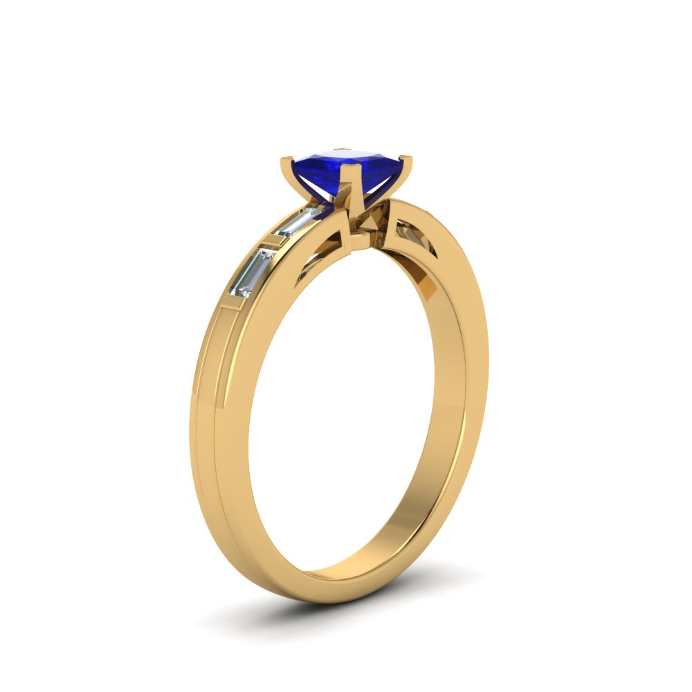 Baguette Colored Engagement Ring with 14K Yellow Gold Blue Sapphire
