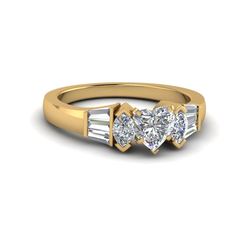 Bar Baguette With Heart Shaped Diamond Engagement Ring In 14K Yellow ...