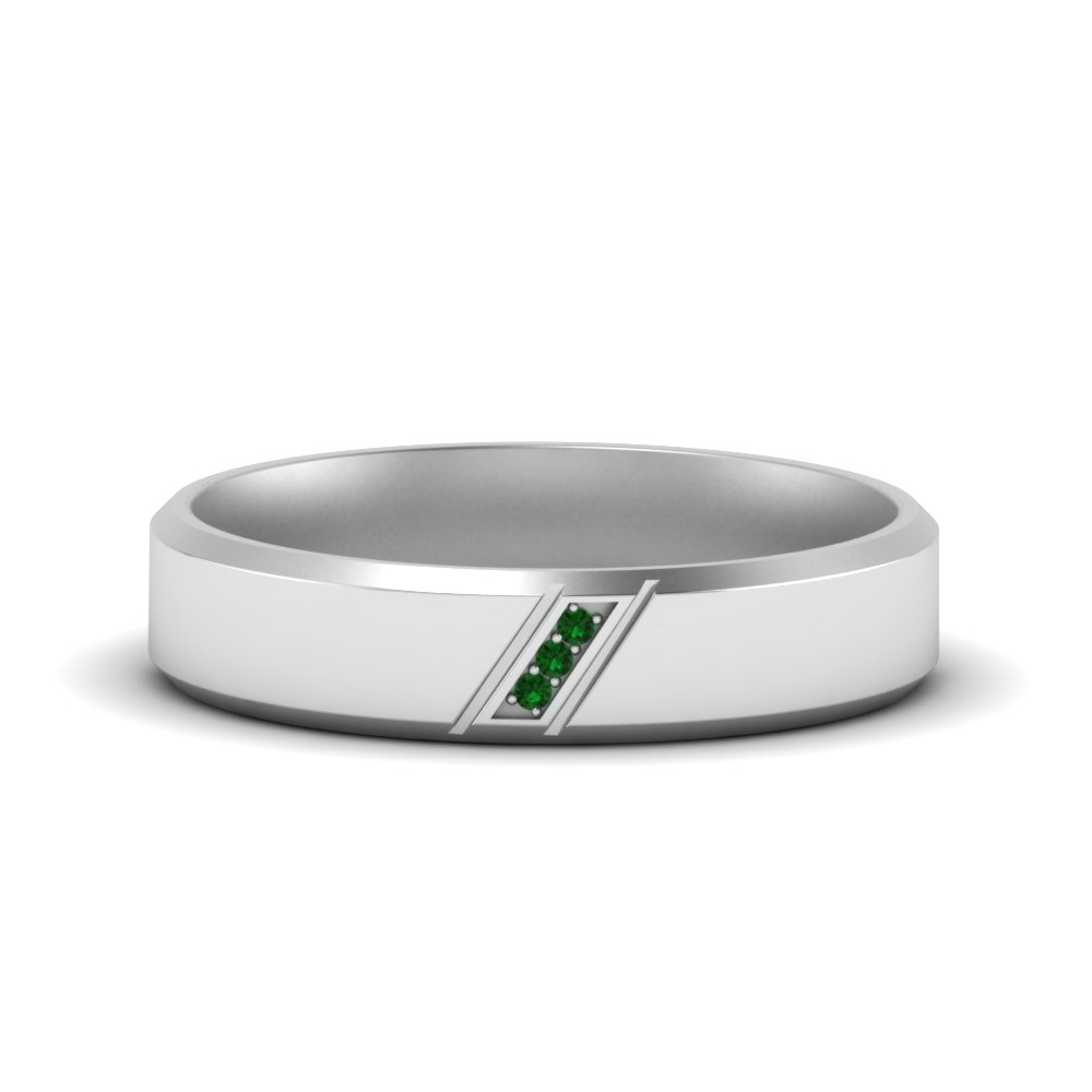 Beveled 3 Stone Emerald Mens Wedding Band In 14K White Gold