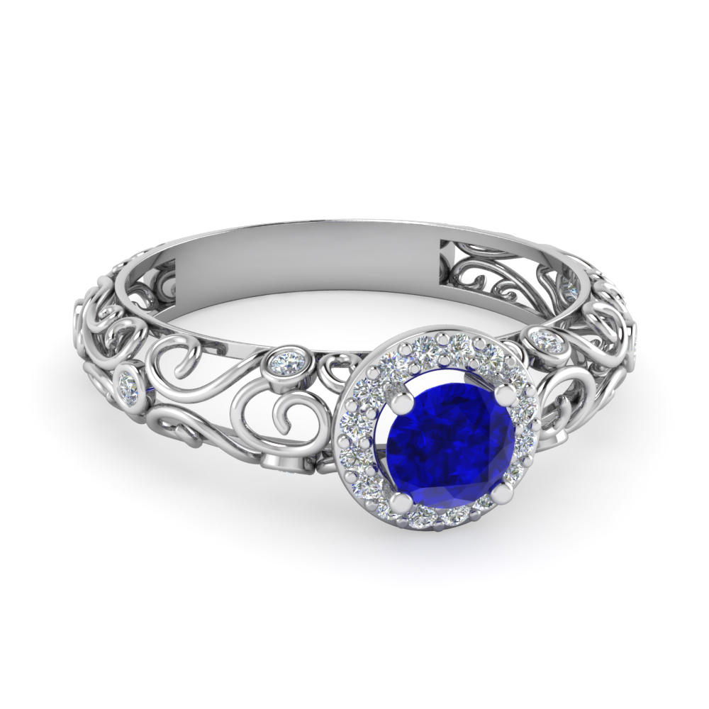 Bezel Filigree Diamond Halo Sapphire Ring