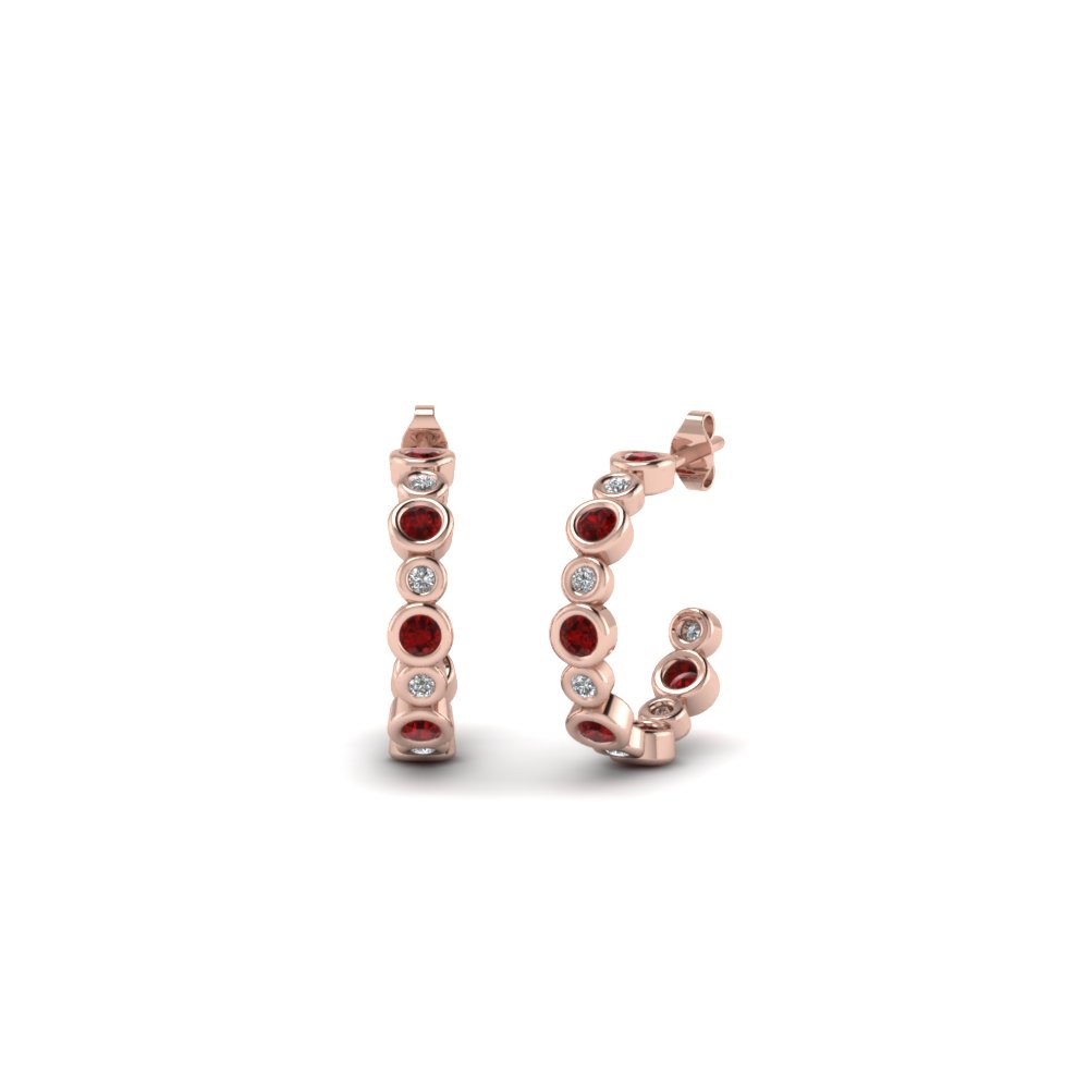 bezel set J hoop diamond earring with ruby in 14K rose gold FDEAR86441GRUDR NL RG