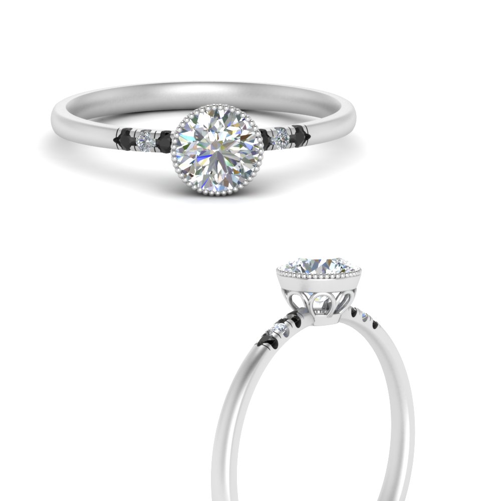 Bezel Milgrain Round Cut Engagement Ring With Black Diamond In White ...