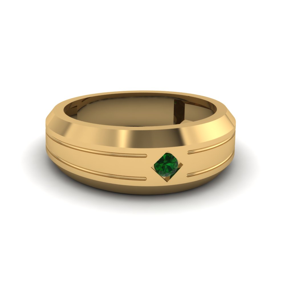 bezel round Green Emerald mens band engagement ring in 14K yellow gold FDM10528BGEMGR NL YG 