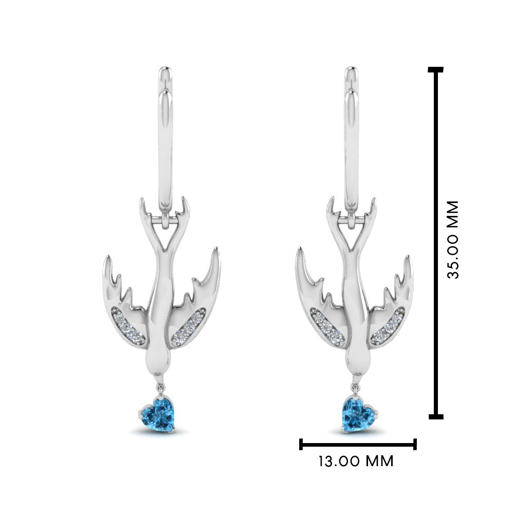 Bird Design Blue Topaz Heart Drop Diamond Earring In 14K White Gold ...