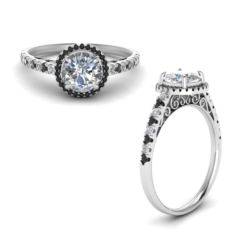 Black Diamond Pave Halo Vintage Engagement Ring In 14K White Gold ...
