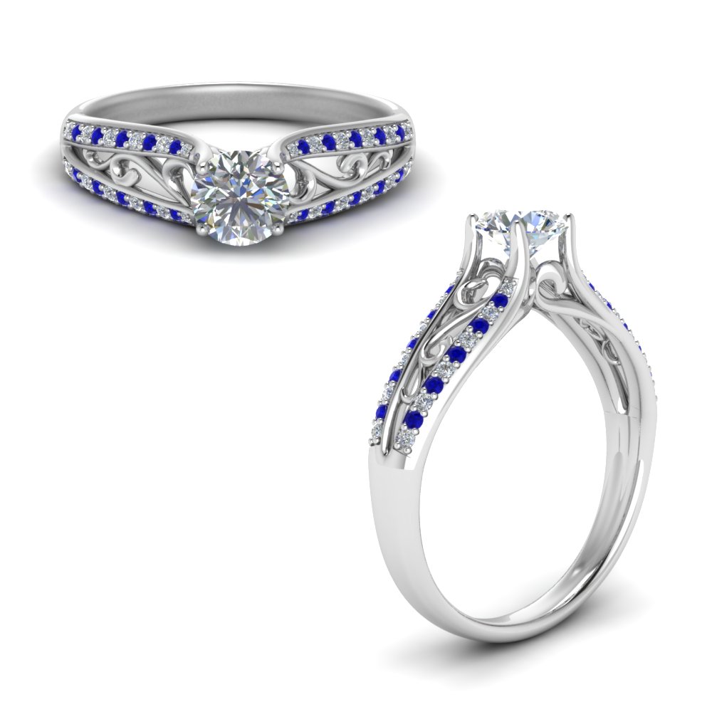 cathedral filigree moissanite engagement ring with sapphire in FD122032RORGSABLANGLE1 NL WG