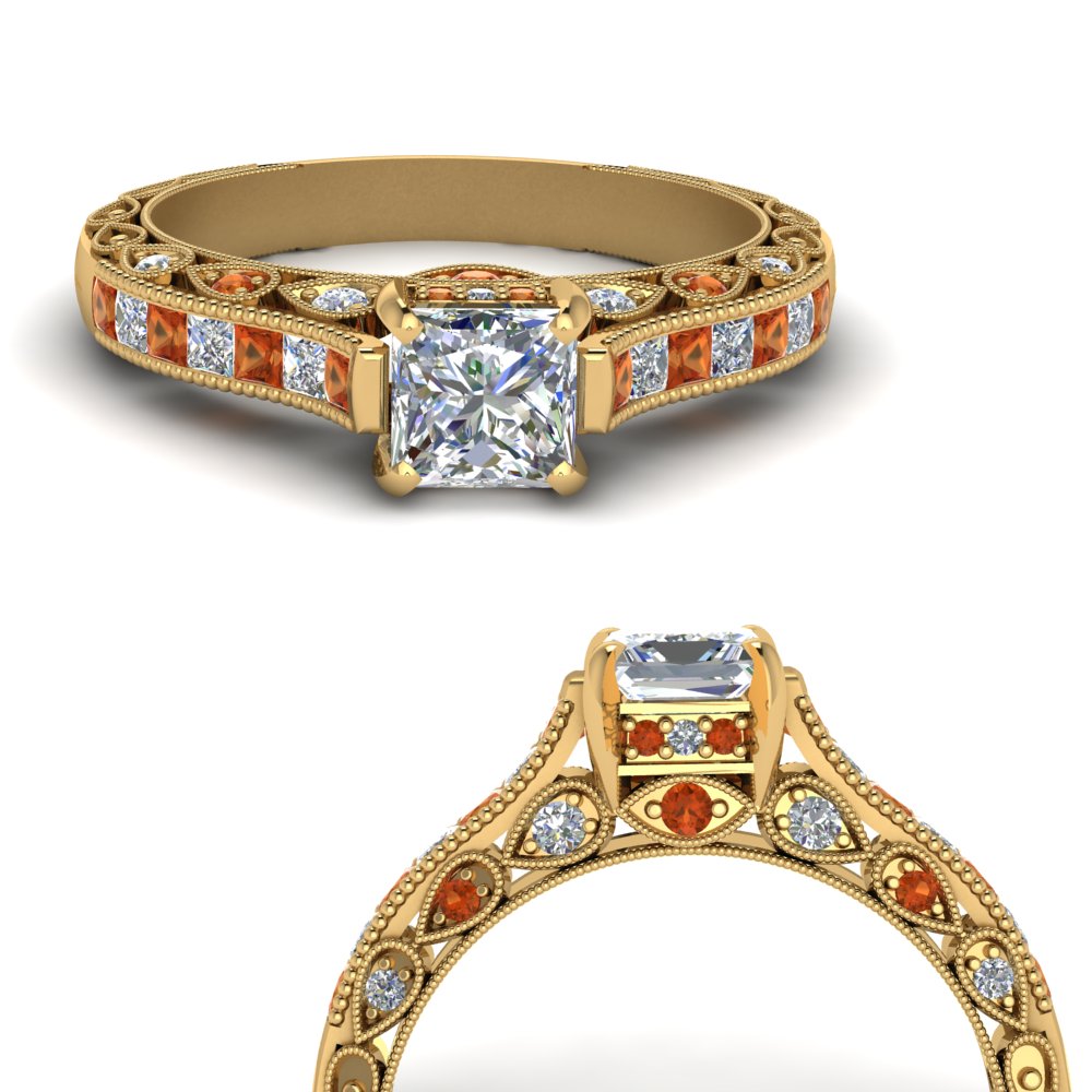 Vintage High Set Princess Cut Diamond Engagement Ring With Orange ...