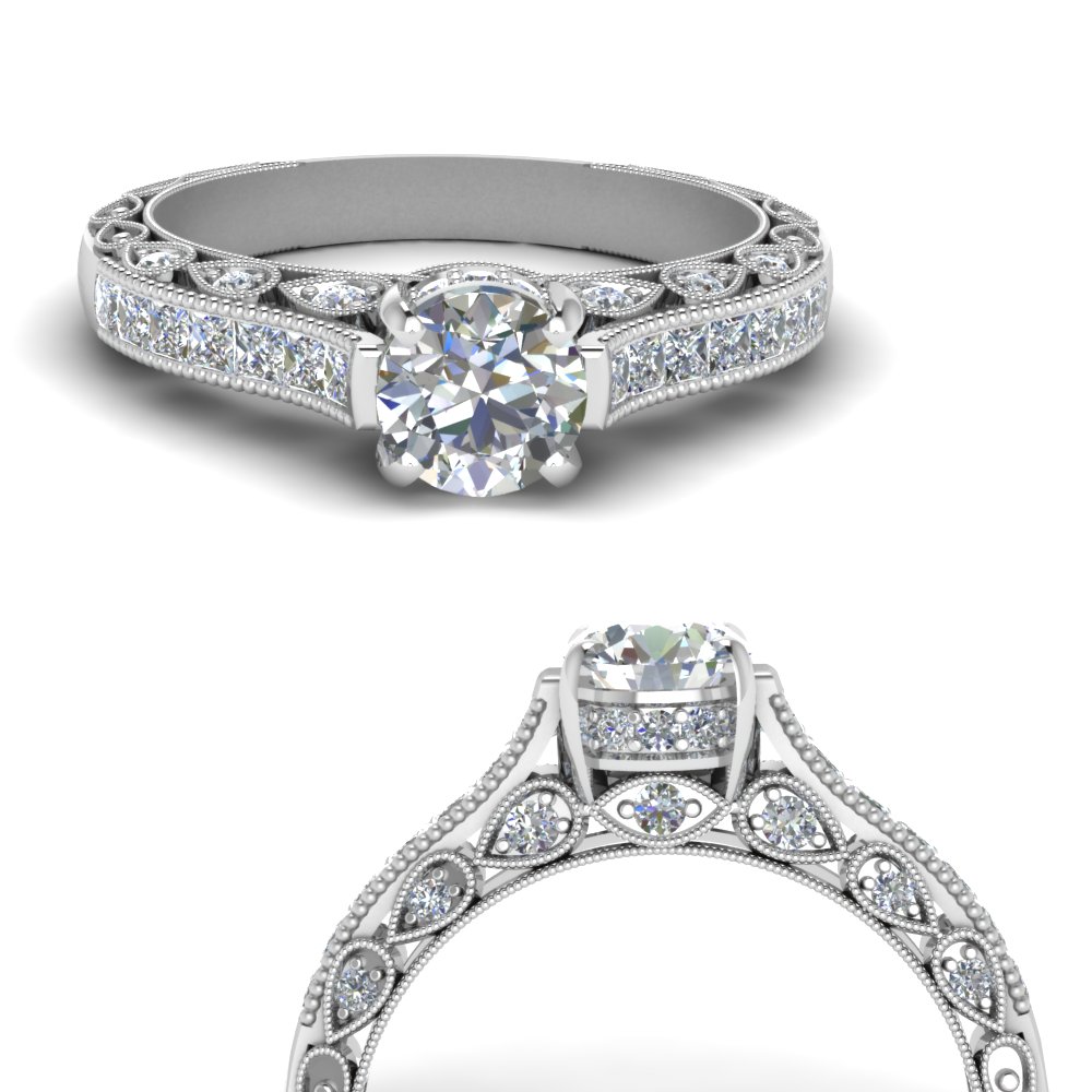 vintage high set round lab diamond engagement ring in white gold FDENR6819RORANGLE3 NL WG