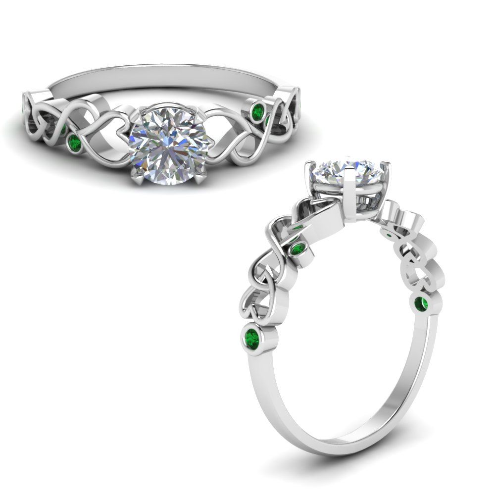 intertwined filigree round cut lab diamond engagement ring with emerald in FD8604RORGEMGRANGLE1 NL WG