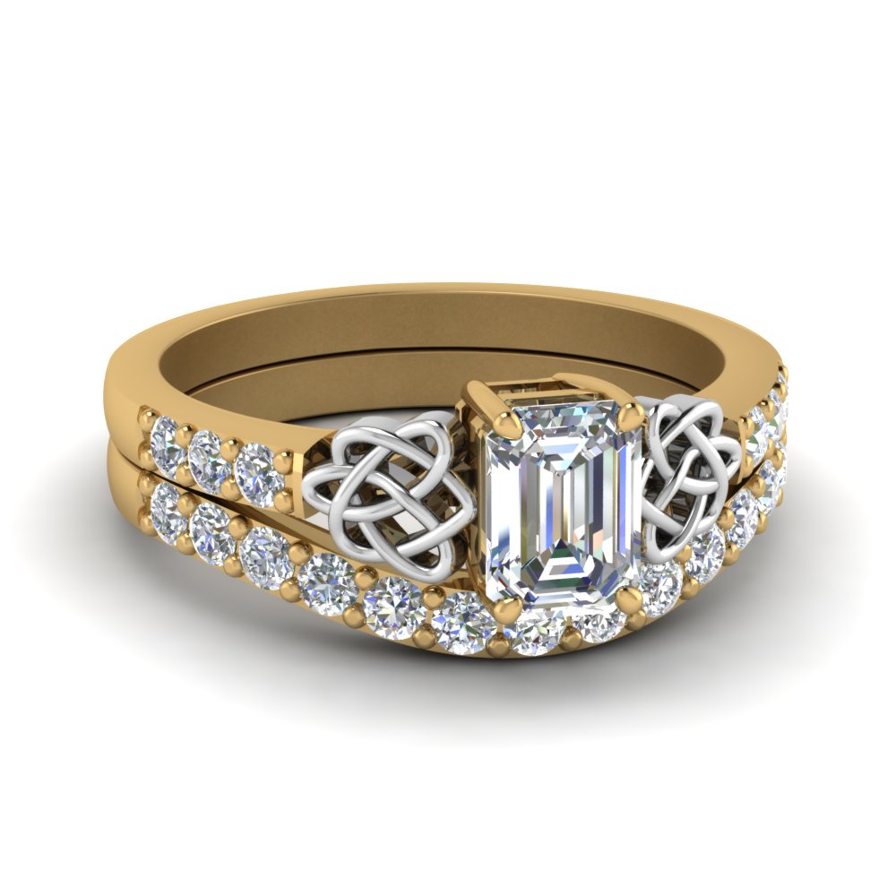 Celtic Emerald Cut Diamond Wedding Ring Set In 14K Yellow