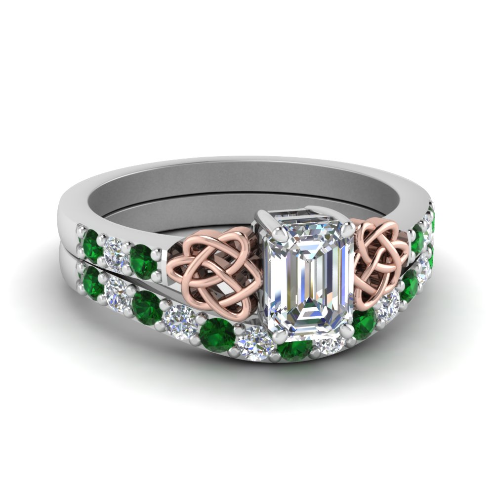 Celtic Emerald Cut Diamond Wedding Ring Set With Emerald