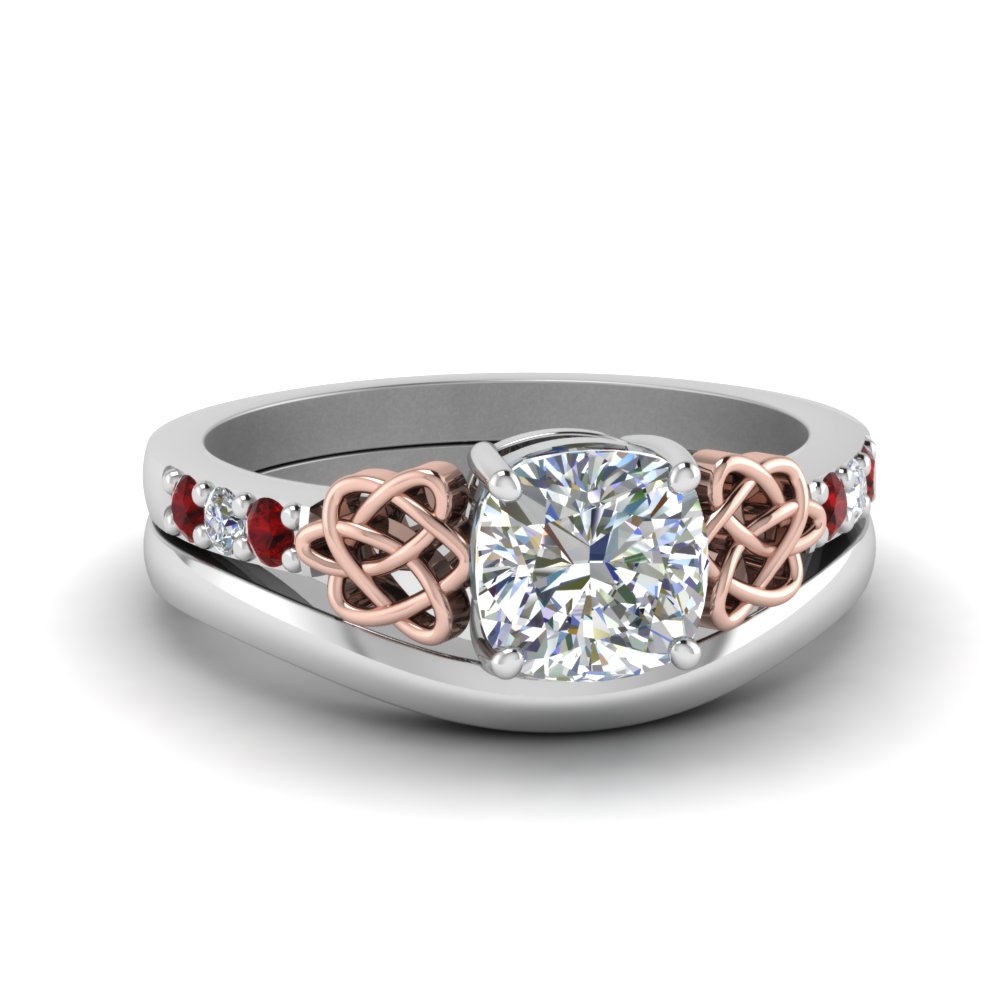 Celtic Knot Cushion Cut Diamond Ring With Plain Band Set With Ruby
