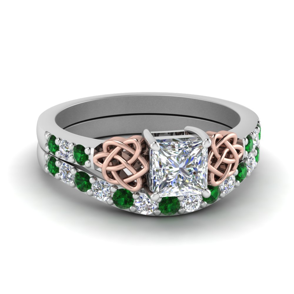 Celtic Princess Cut Diamond Wedding Ring Set With Emerald
