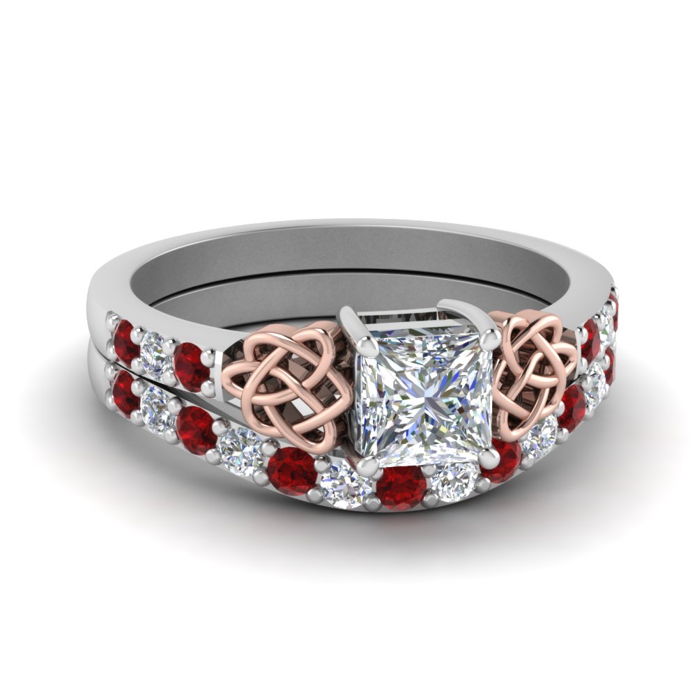 Celtic Princess Cut Diamond Wedding Ring Set With Ruby In