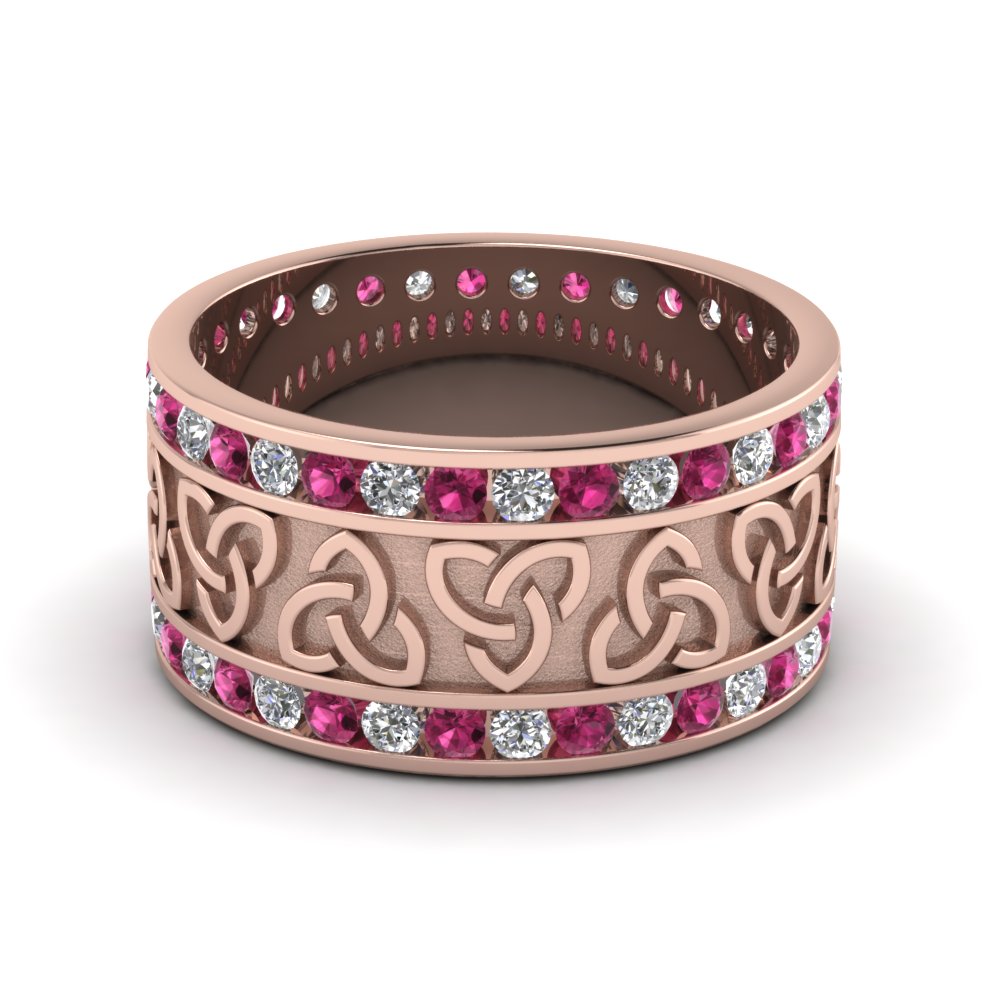 Pink Sapphire Celtic Knot Diamond Wedding Band In 14K Rose Gold ...