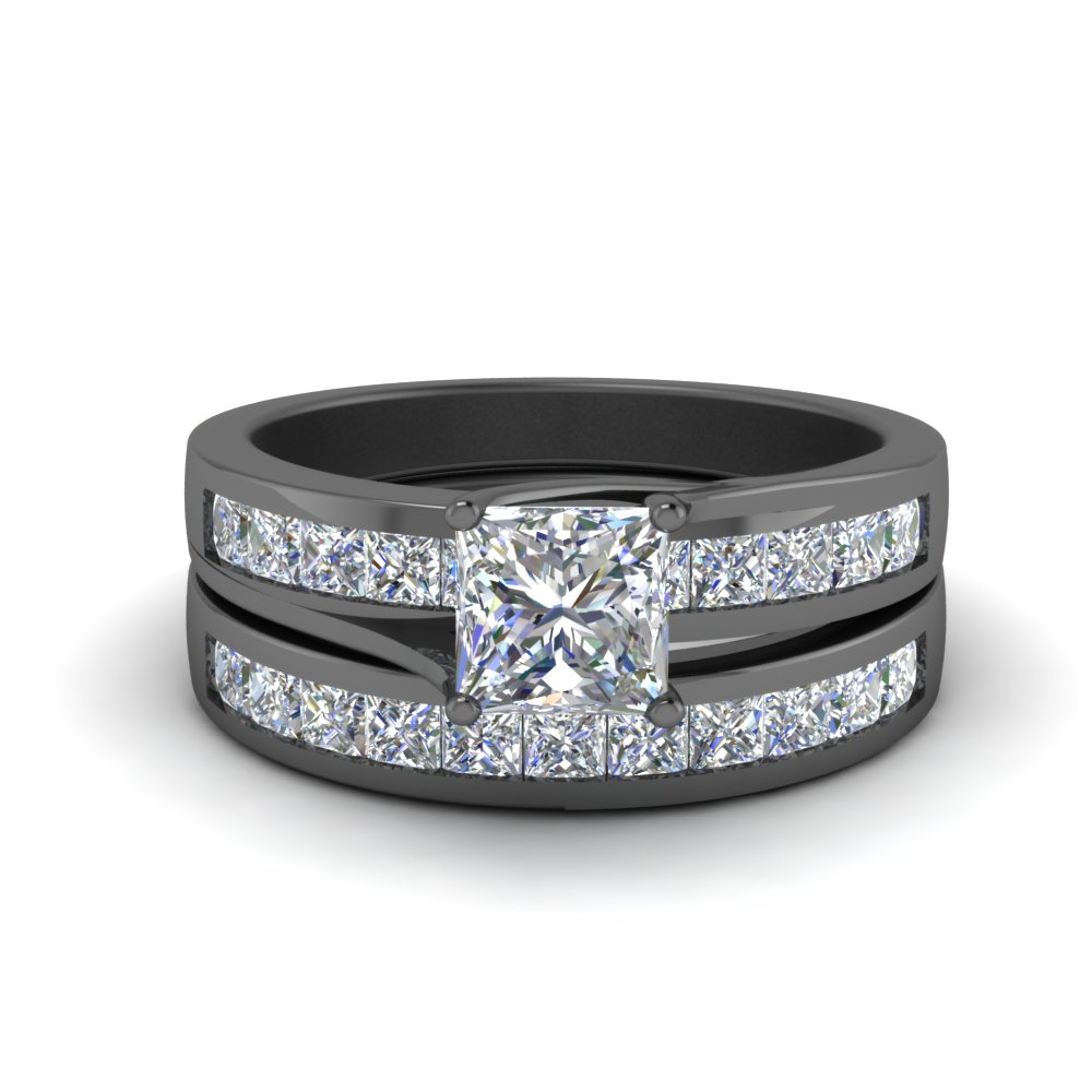 Black Gold Over Princess Diamond Wedding Bridal Trio Ring Set Engagement Ring 