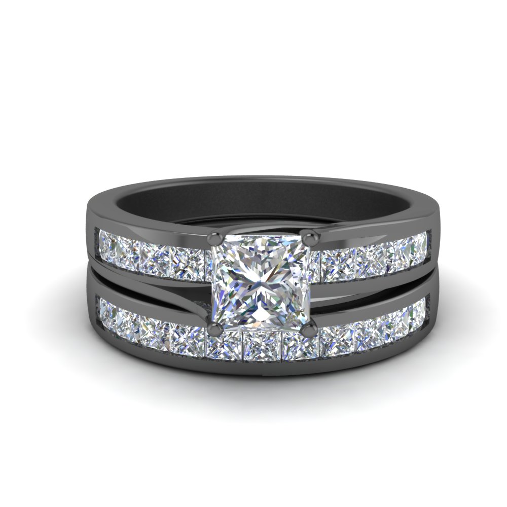 Channel Princess Cut Diamond Bridal Set In 14K Black Gold