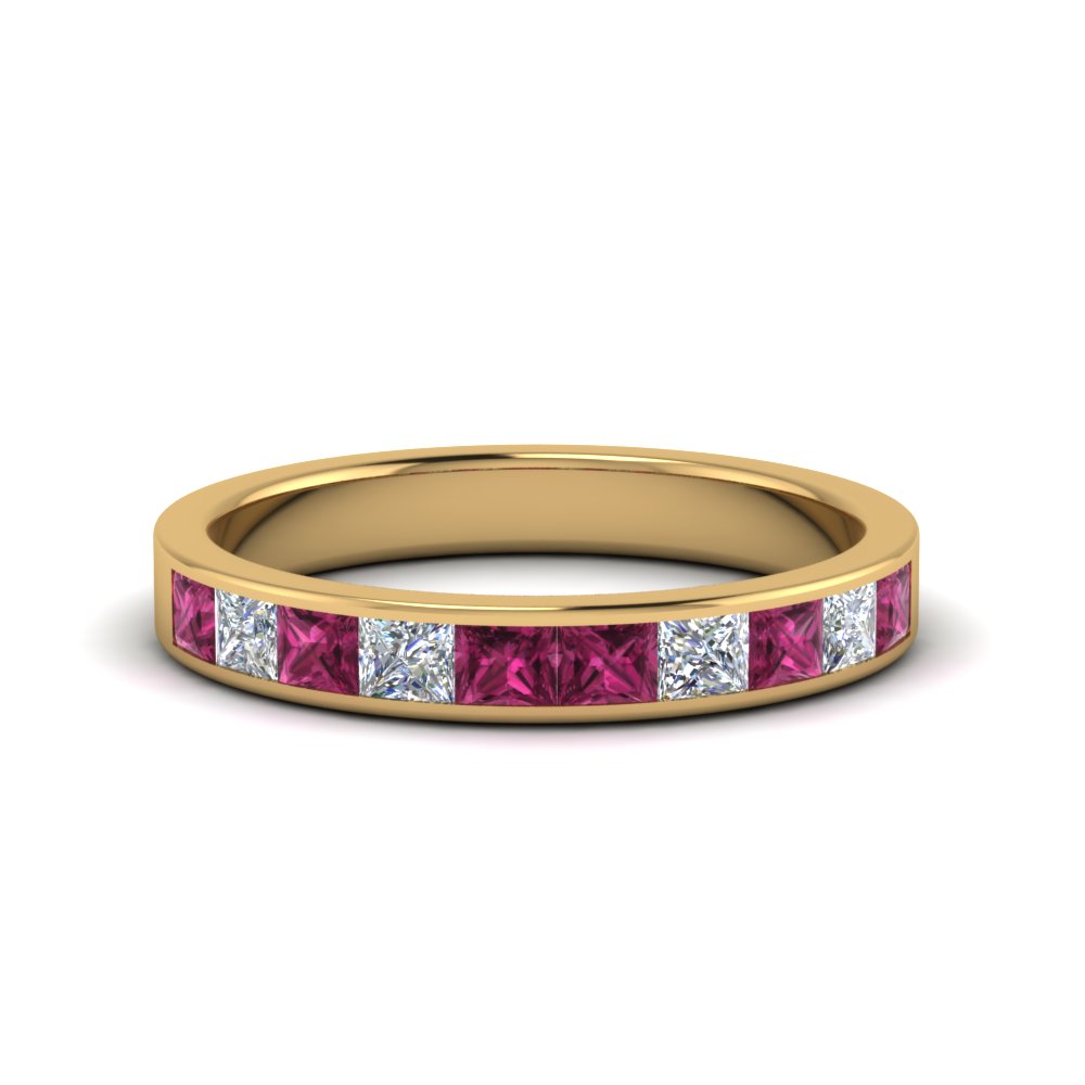 Channel Princess Cut Wedding Band 1 Carat with 18K Yellow Gold Pink Sapphire