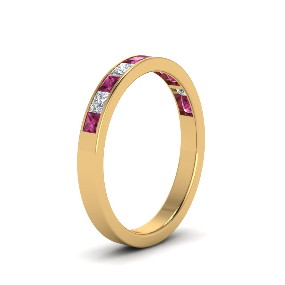 Channel Princess Cut Wedding Band 1 Carat with 18K Yellow Gold Pink Sapphire