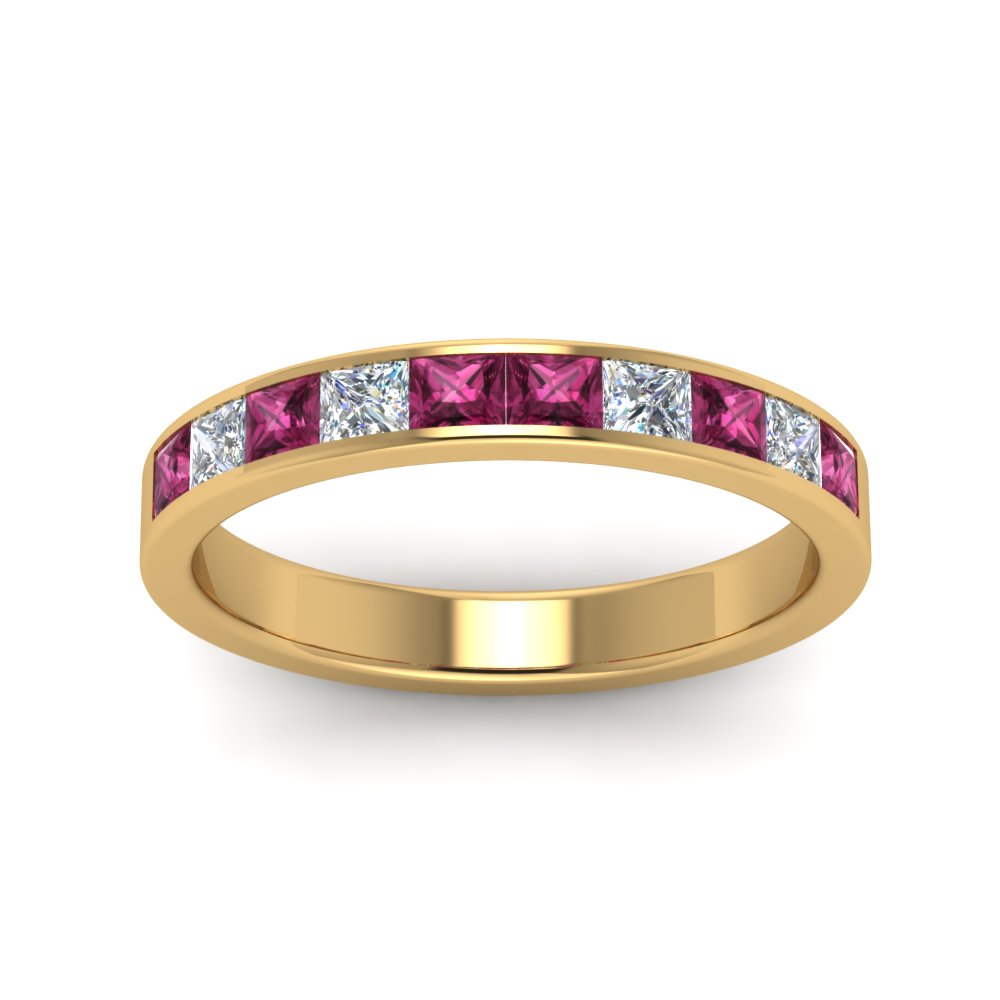 Channel Princess Cut Wedding Band 1 Carat with 18K Yellow Gold Pink Sapphire
