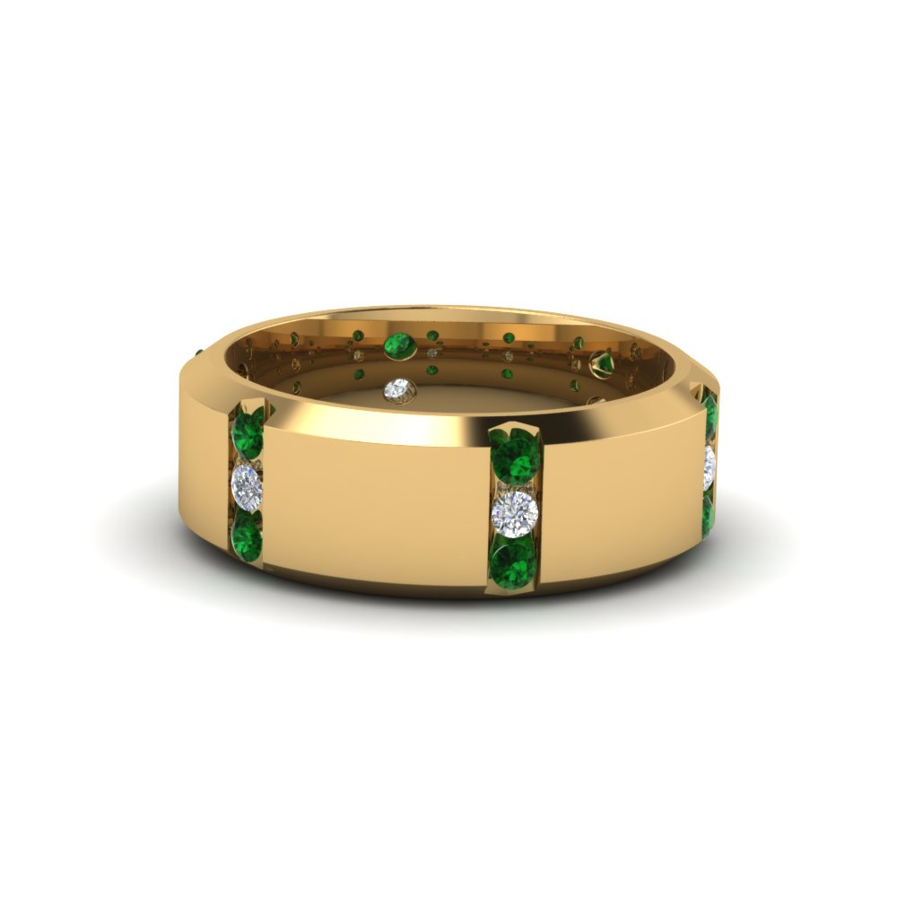 channel set 3 stone diamond mens anniversary ring with emerald in 14K yellow gold FDM8113BGEMGR NL YG