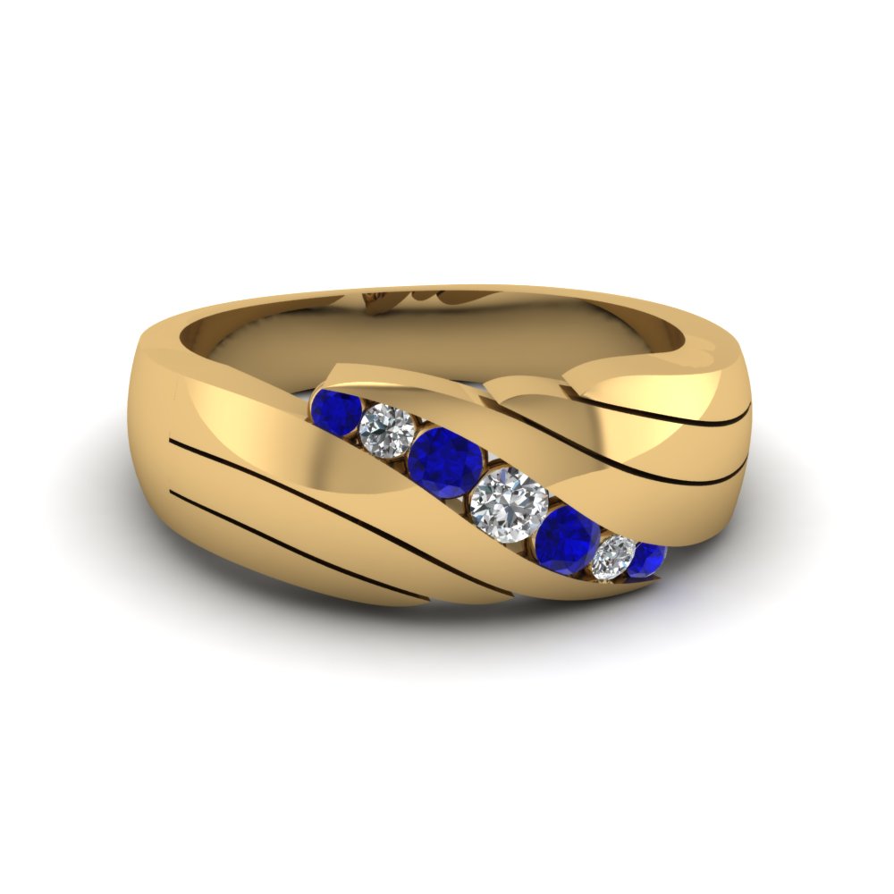 Channel Set Blue Sapphire Mens Wedding Ring In 14K Yellow Gold FDMR1192BGSABL NL YG 