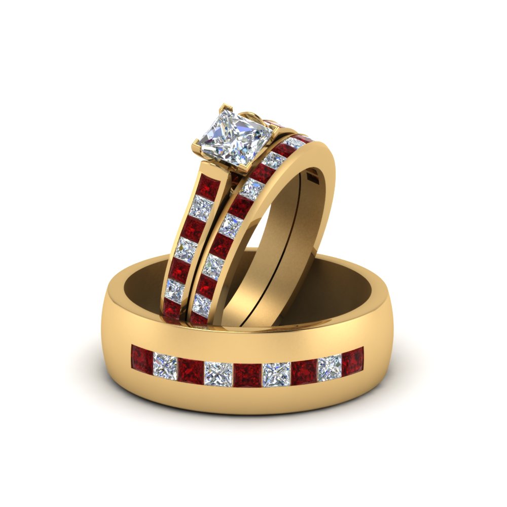 Channel Set Bridal Diamond Ring For Him And Her With Ruby