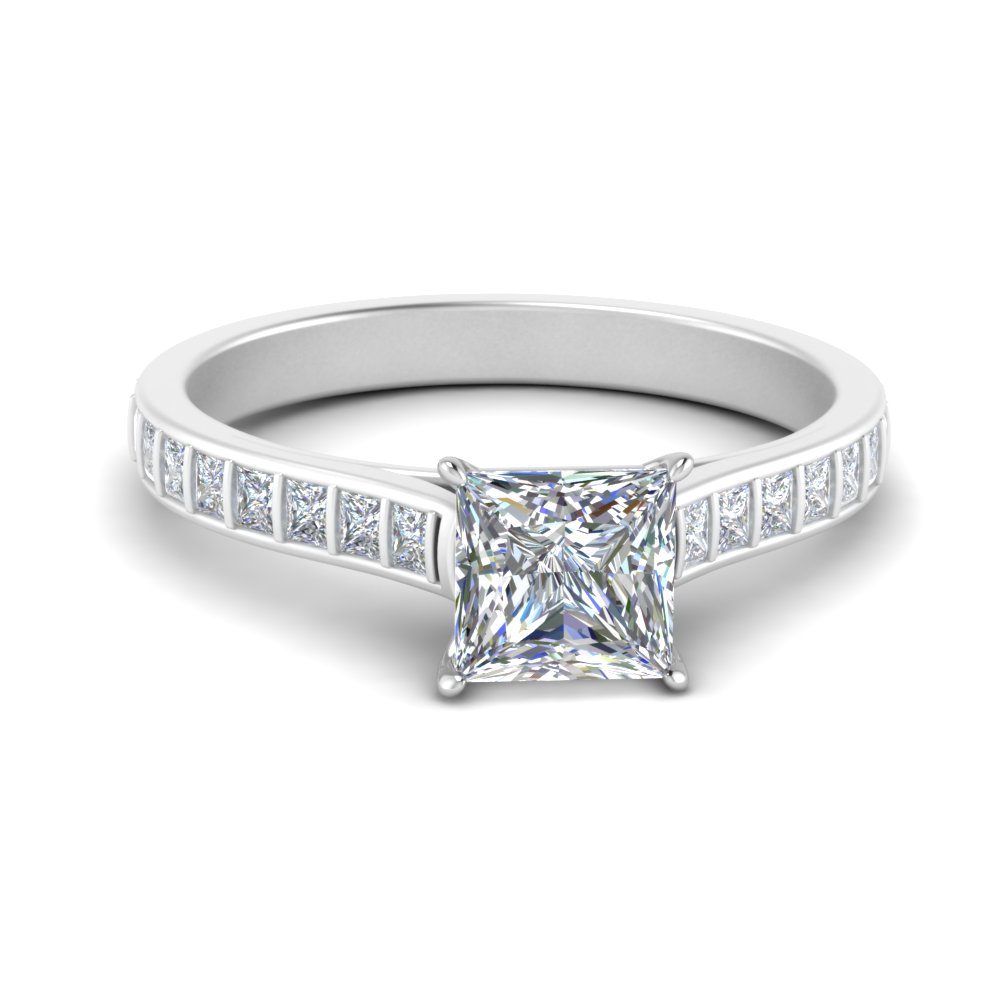 Channel Set Cathedral Princess Cut Engagement Ring In White Gold