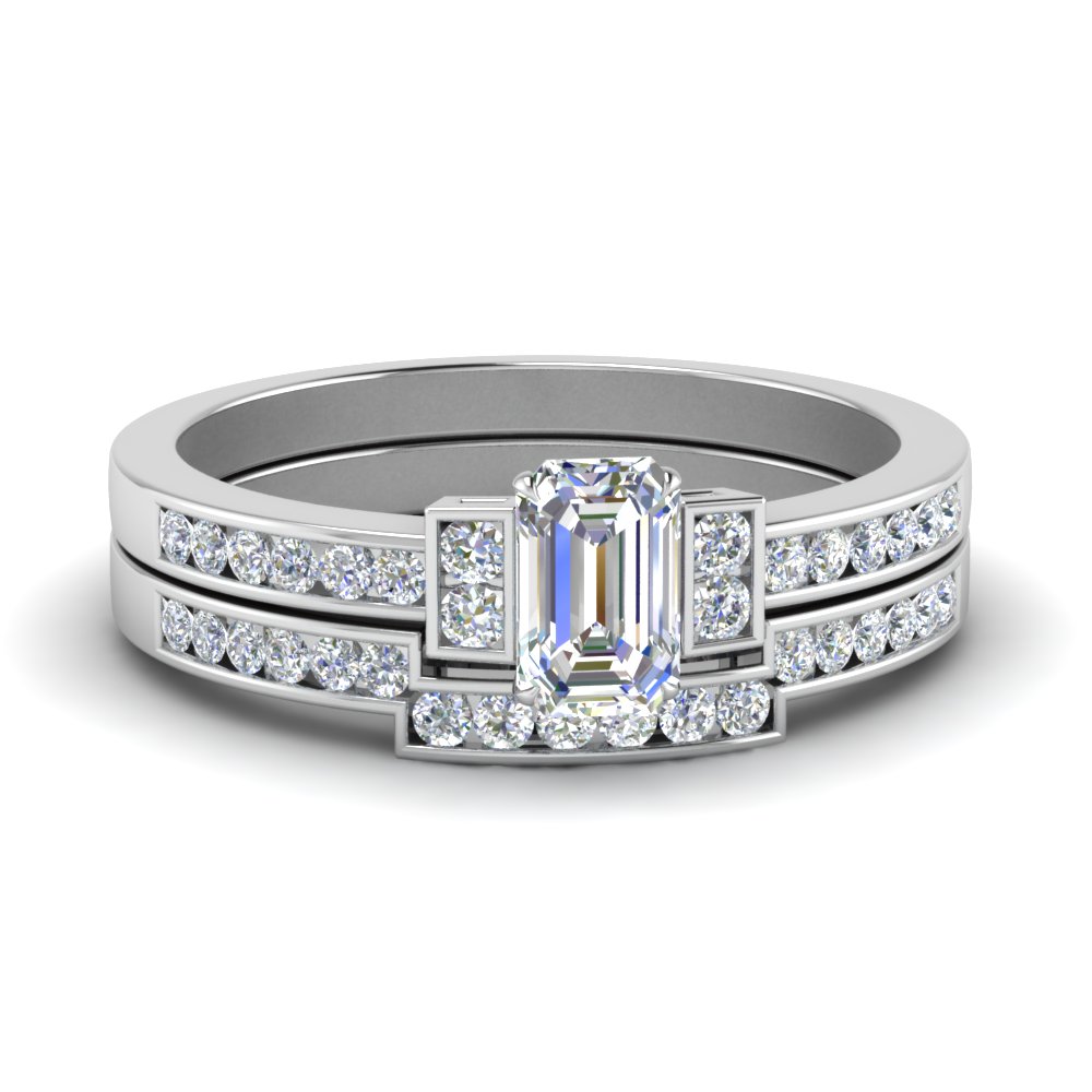 Channel Set Diamond Emerald Cut Wedding Ring Set In 14K
