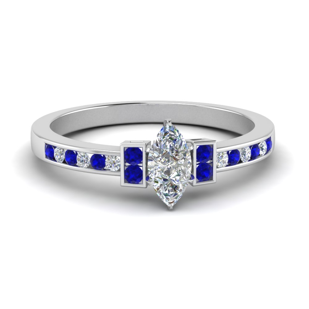 Channel Set Diamond Marquise Engagement Ring With Sapphire In 14K White ...