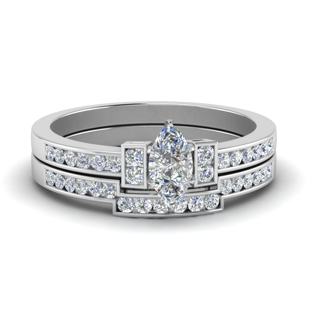 Channel Set Diamond Marquise Wedding Ring Set In 14K White