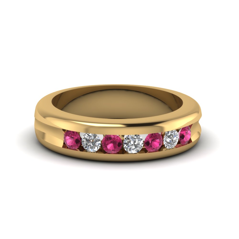 Channel Set Diamond Wedding Band With Pink Sapphire In 18K Yellow Gold ...