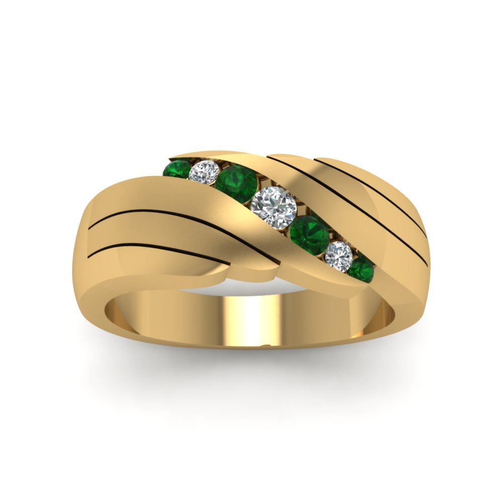 Classic Channel Set Diamond Mens Wedding Band With Emerald
