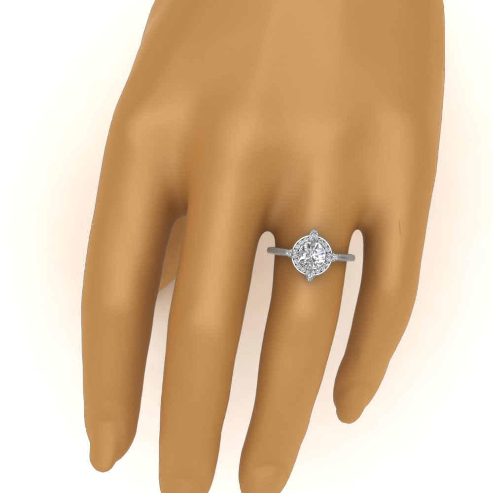 Round Shaped Compass Point Halo Engagement Ring with White Diamond in 14K White Gold