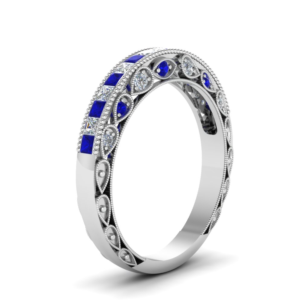 Channel Set Vintage Diamond Wedding Band With Sapphire In White Gold FD ENR6819BGSABLANGLE2 NL WG 