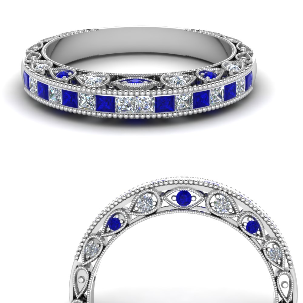 Channel Set Vintage Diamond Wedding Band With Sapphire In White Gold FD ENR6819BGSABLANGLE3 NL WG 